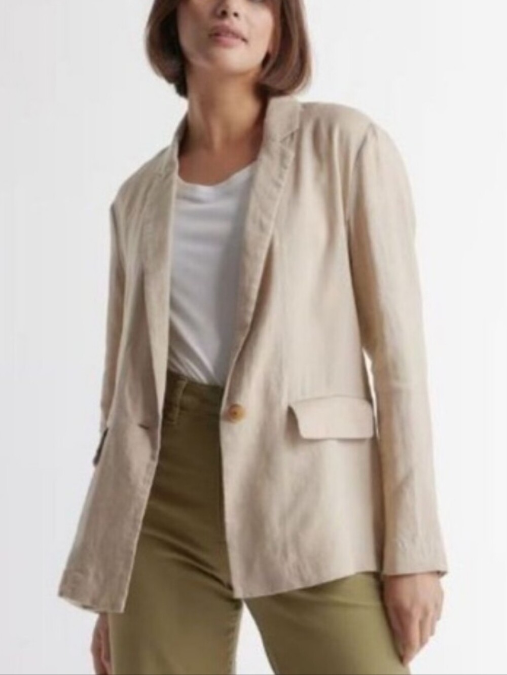 Quince European Linen Beige Lightweight Women's Summer Blazer Office Career SzL - Picture 2 of 7